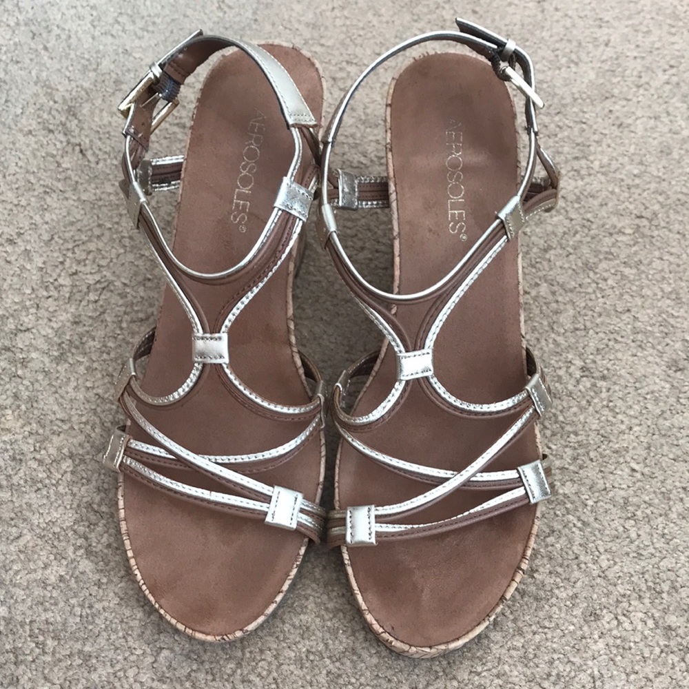 Aerosoles Strappy Gold Cork Wedge Size 9.5